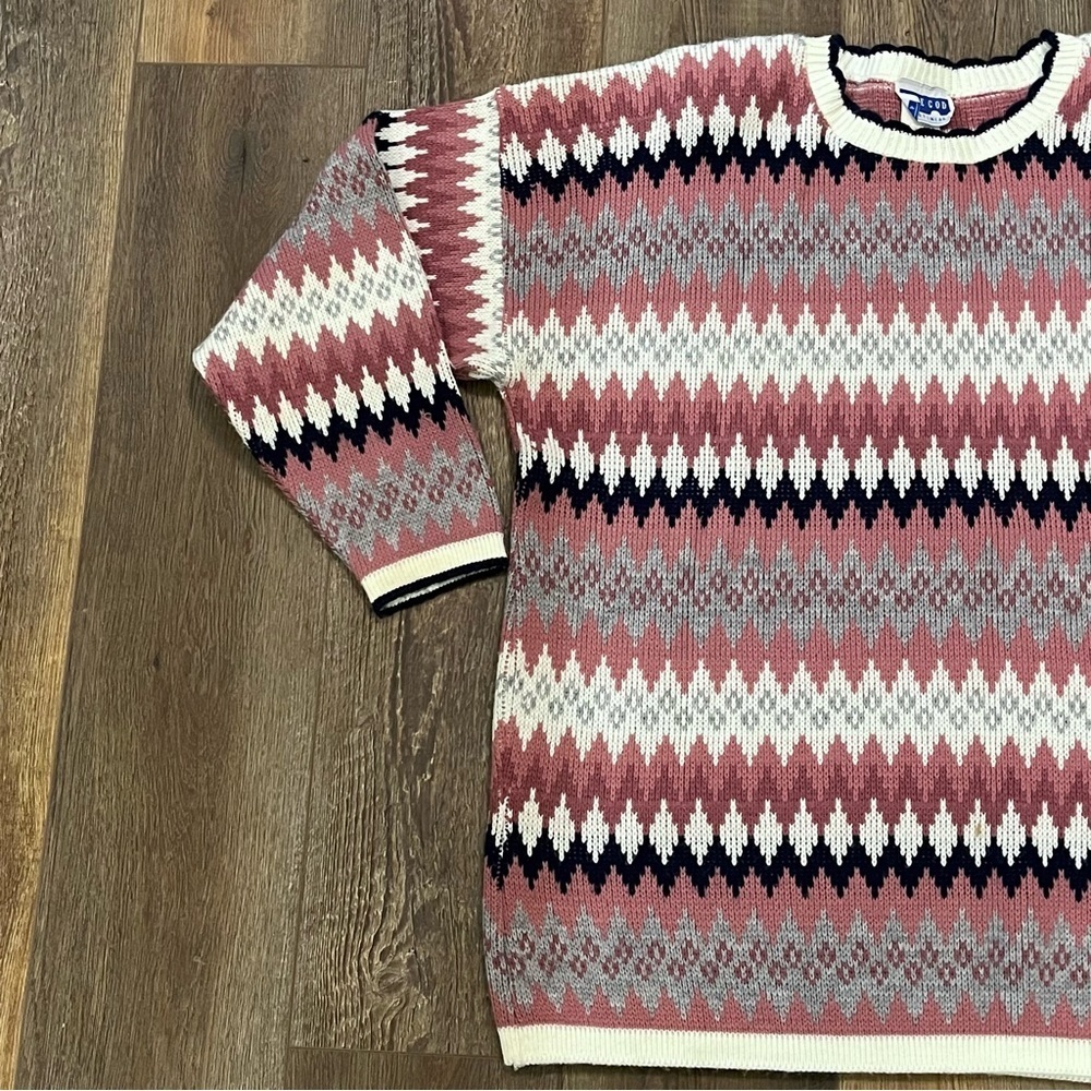 Vtg CAPE COD Sportswear TOWN & COUNTRY Fair Isle Sweater Womens Sz 18 Pink Gray - Picture 2 of 12
